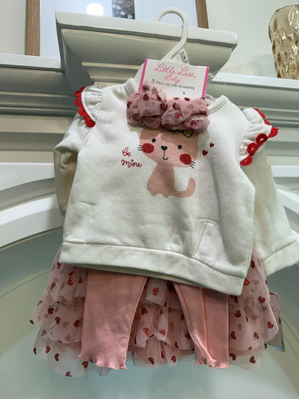 Little Lass Pink and Red Glitter Kitten Matching Set with Bow skirt top bottom - Picture 9 of 10